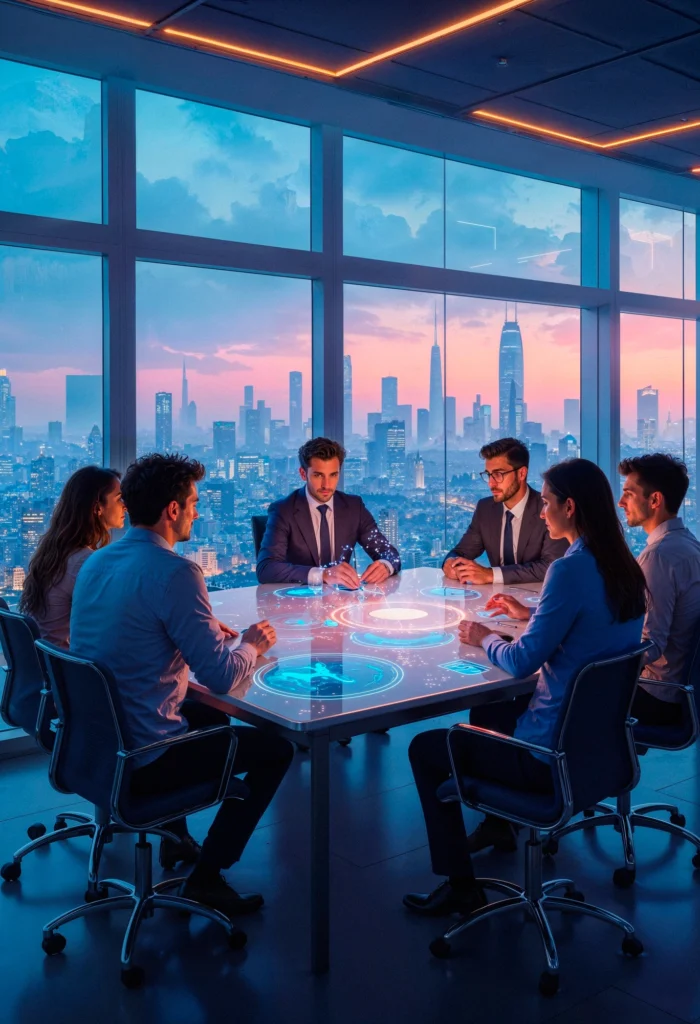 A diverse team of business professionals sitting around a high-tech conference table with glowing holographic interfaces and digital data visualizations, set against a sunset city skyline in a modern glass office.