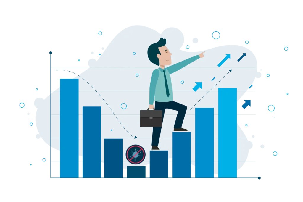 A flat illustration of a businessman carrying a briefcase, climbing a rising bar graph and pointing toward upward arrows, symbolising growth after a downward trend.